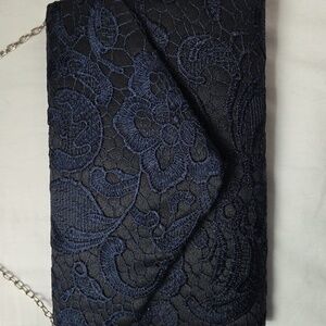 NAVY BLUE Lace Clutch Purse Handbag With Silver Tone Detachable Chain Strap